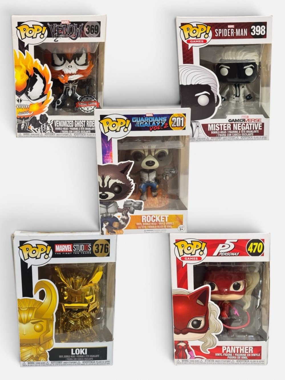 Funko Pop Lot of 5: Panther #470 Persona 5, Venomized Ghost Rider, Loki, Rocket